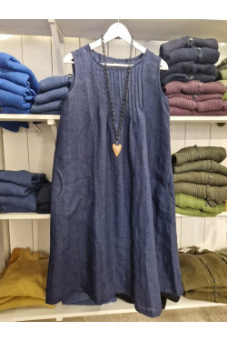 Klänning Agnes 100% lin, med stråveck -jeansblå-